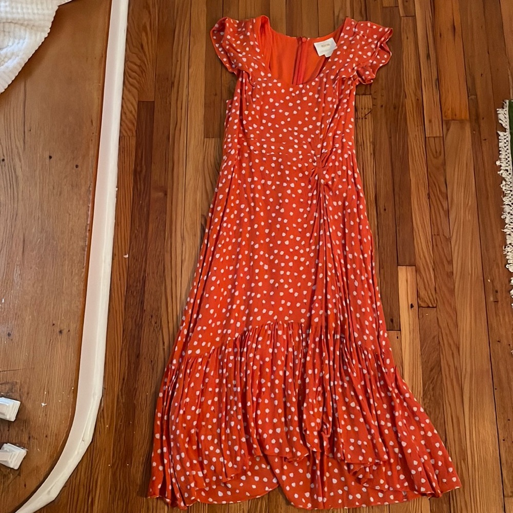Maeve orange and white capped sleeve midi dress